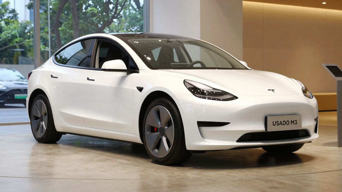 Coche eléctrico Tesla Model 3 blanco en exposición interior con matrícula "USADO M3".