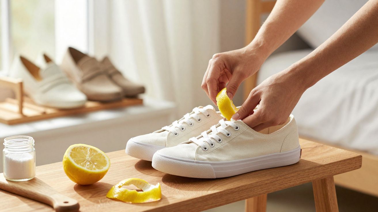 Manos frotando una piel de limón dentro de unas zapatillas blancas para eliminar olores sobre una mesa de madera.