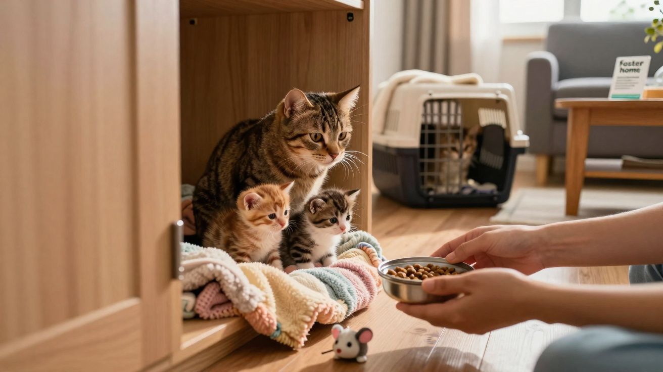 Gato adulto con dos gatitos en una manta dentro de un mueble, mientras una persona sostiene un plato con comida.
