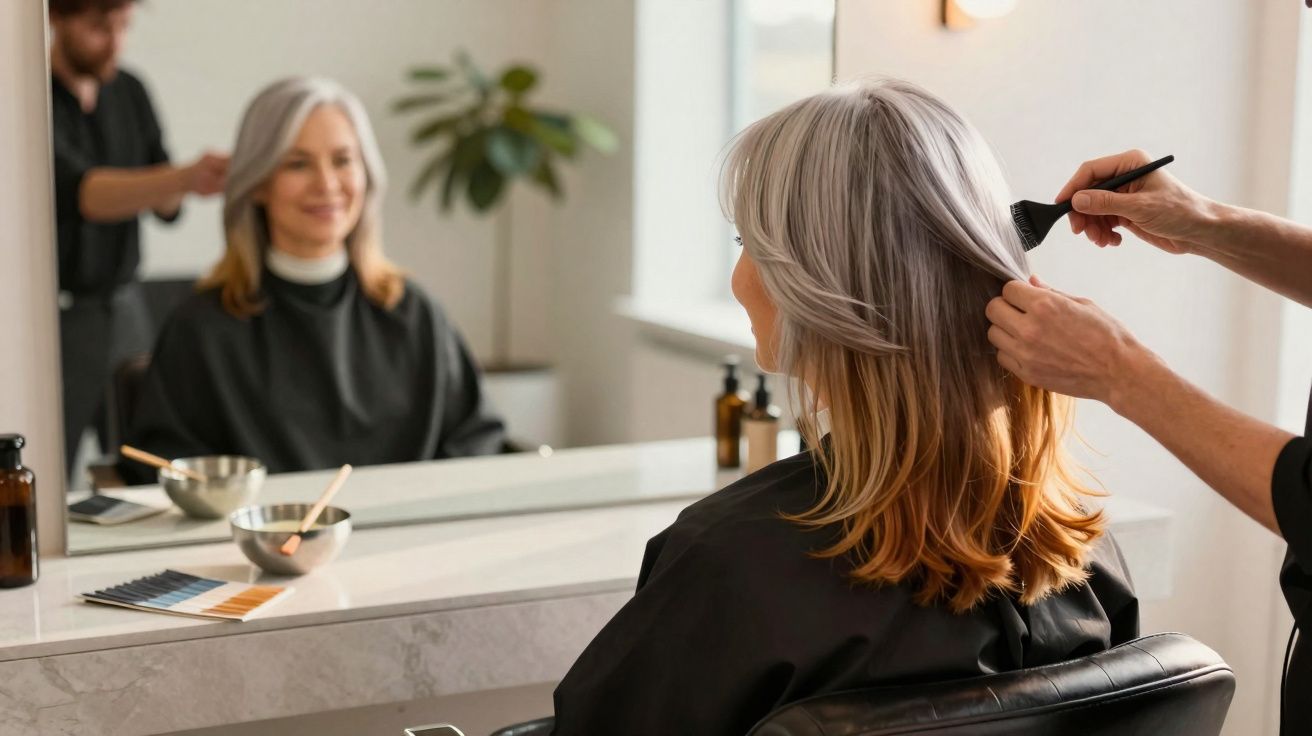 Mujer mayor con cabello bicolor sentada en peluquería mientras le aplican tinte en el cabello.