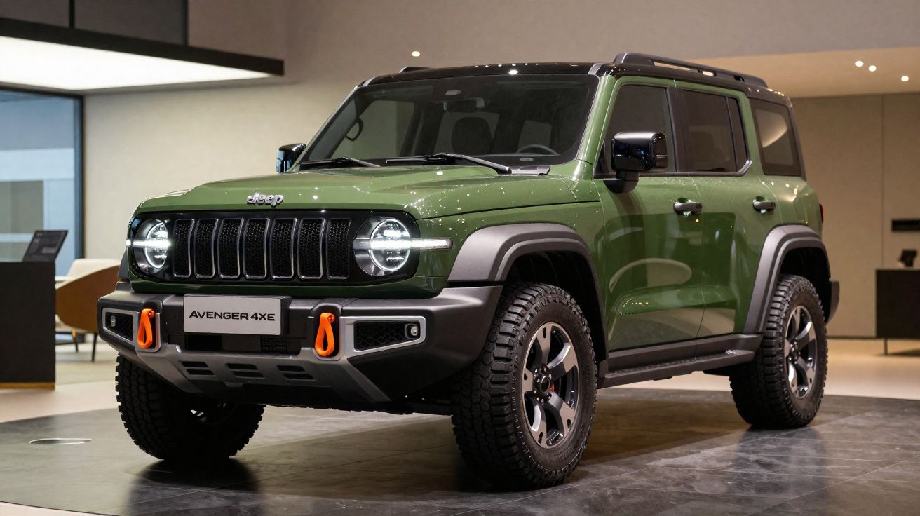 SUV Jeep Avenger 4xe verde con acabados negros y detalles naranjas en exhibición interior.