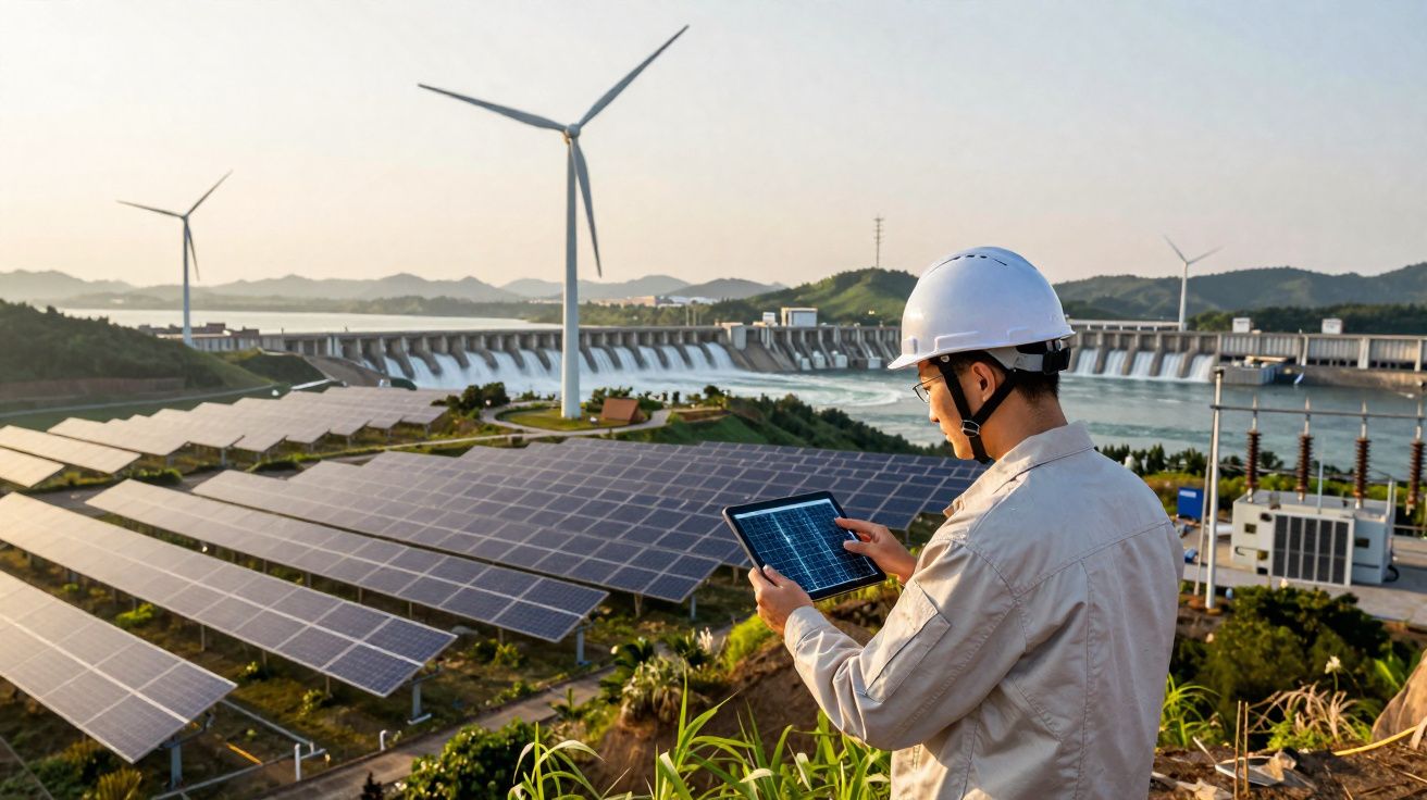 Ingeniero con casco usando tablet frente a paneles solares, molinos y presa hidroeléctrica al atardecer.