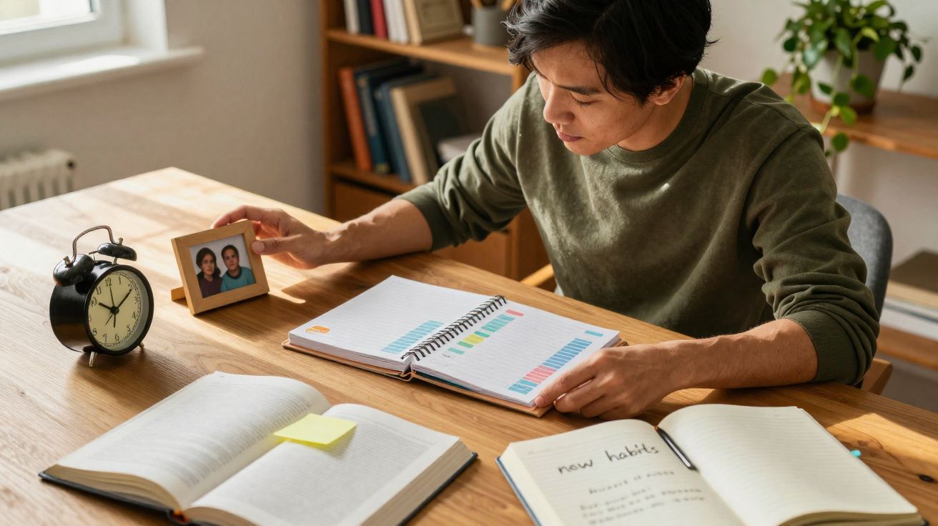 Joven estudia en una mesa con libros, agenda, reloj despertador y fotografía familiar.