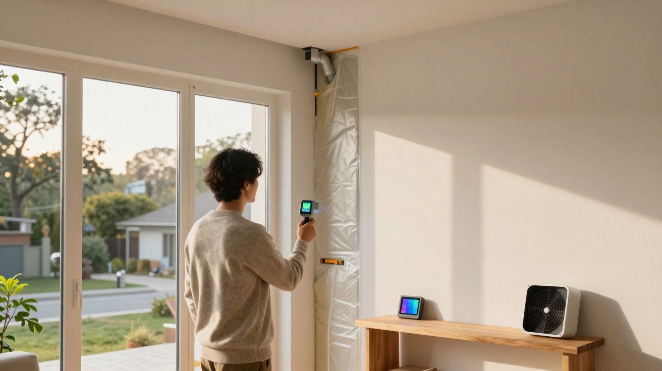 Hombre mide la eficiencia energética de una ventana con un medidor térmico dentro de una casa moderna.