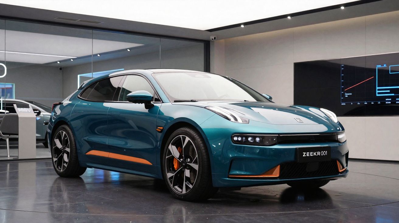 Coche eléctrico azul con detalles naranjas estacionado en un showroom moderno y minimalista.