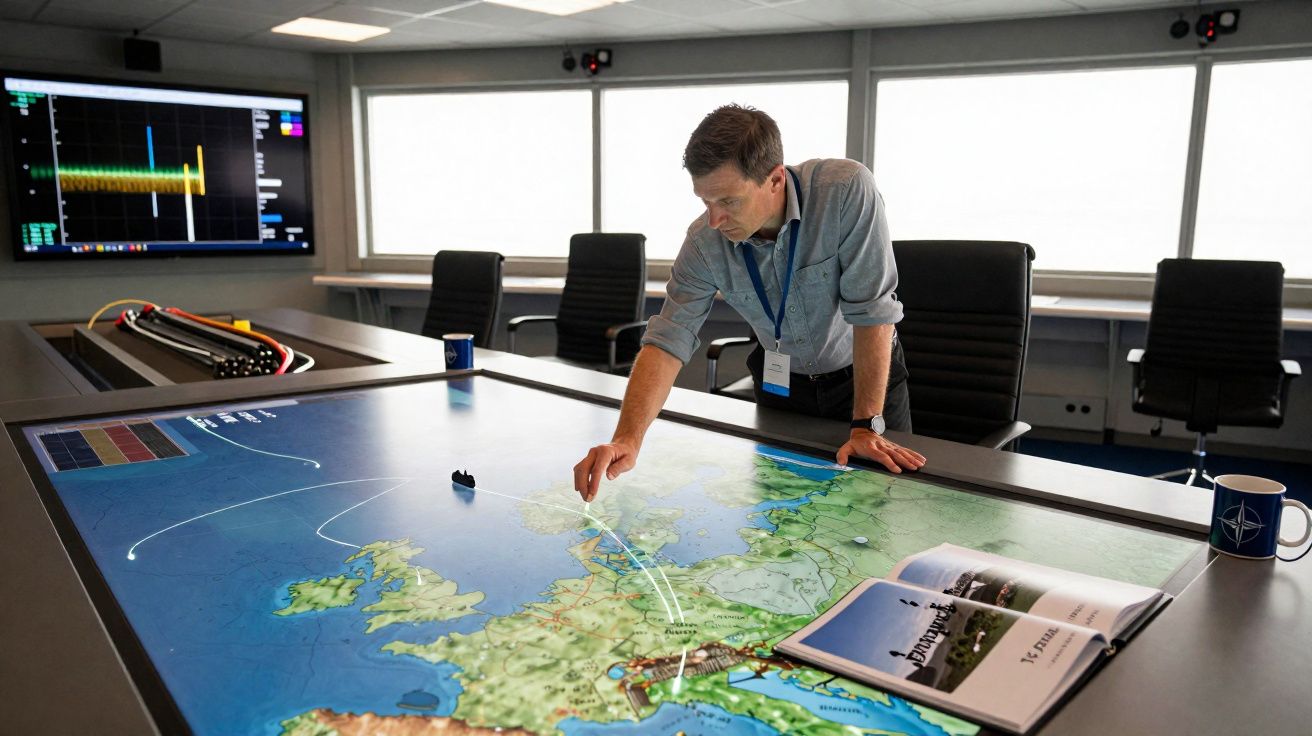 Hombre señalando un mapa táctil de Europa en una sala de control con pantallas y sillas negras.