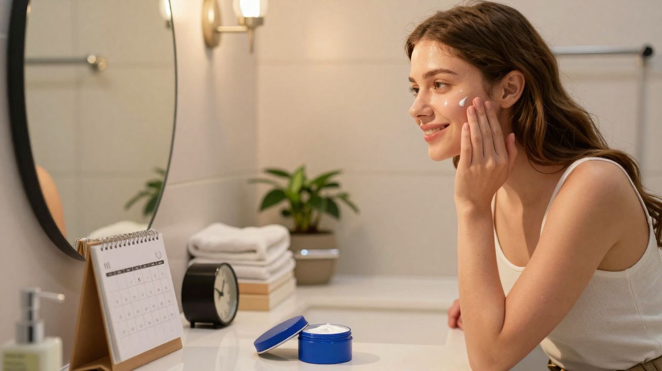 Mujer aplicándose crema hidratante en el rostro frente al espejo en un baño moderno.