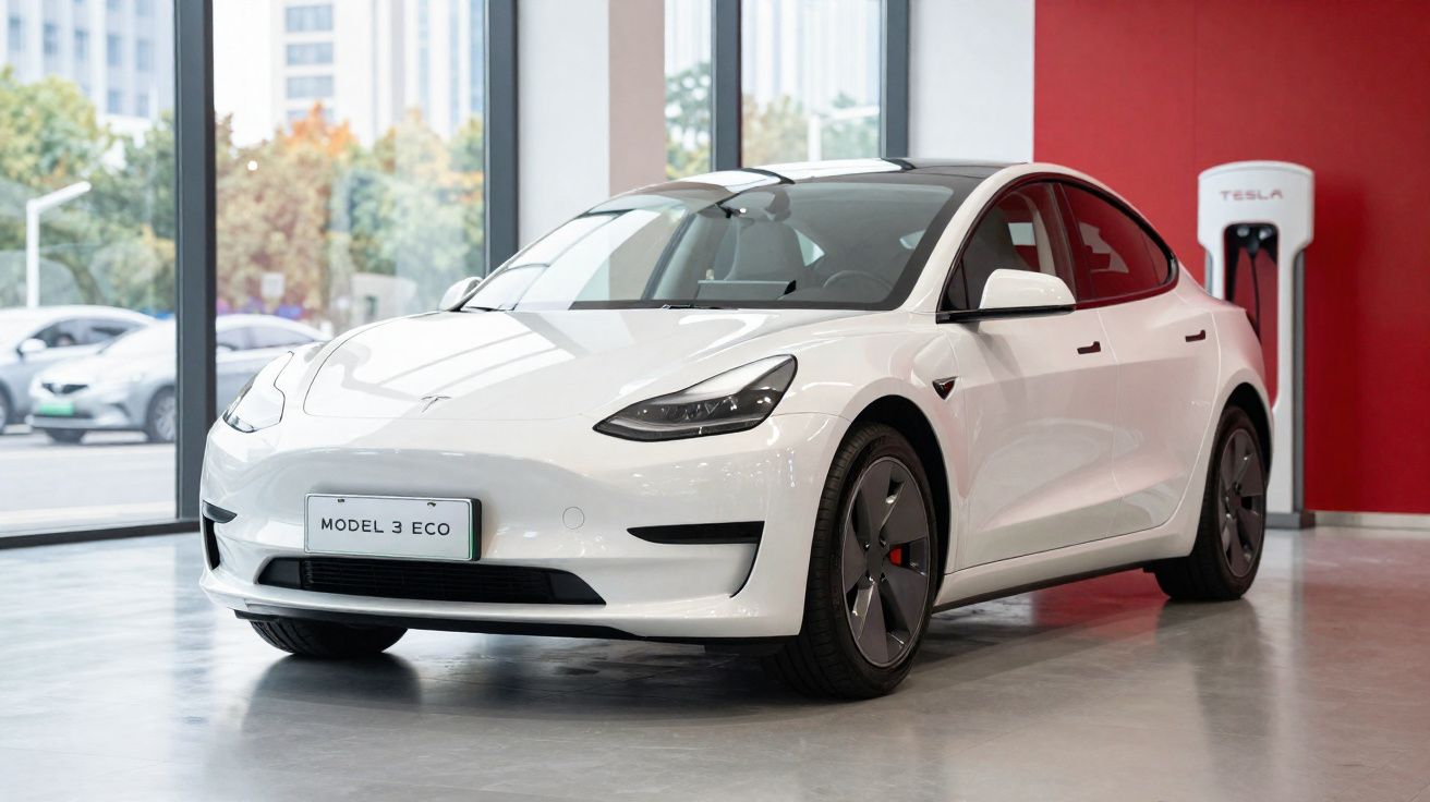 Coche eléctrico Tesla Model 3 Eco blanco estacionado dentro de un concesionario con cargador visible.