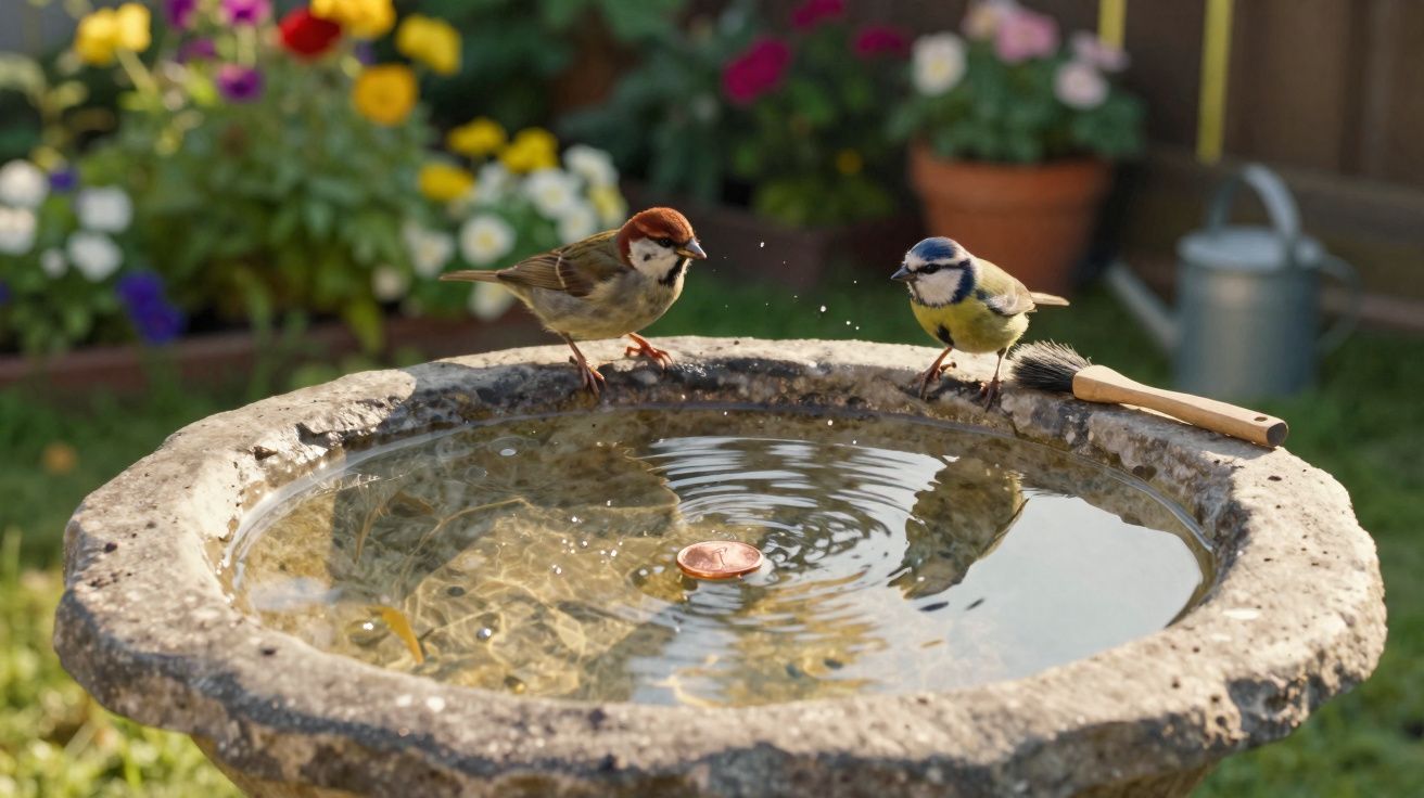 Dos pájaros bebiendo agua en un bebedero de piedra con flores y regadera al fondo.
