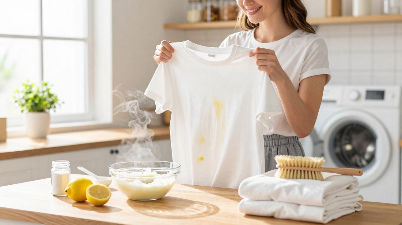 Mujer muestra camiseta blanca con manchas amarillas junto a ingredientes caseros y ropa limpia en cocina luminosa.
