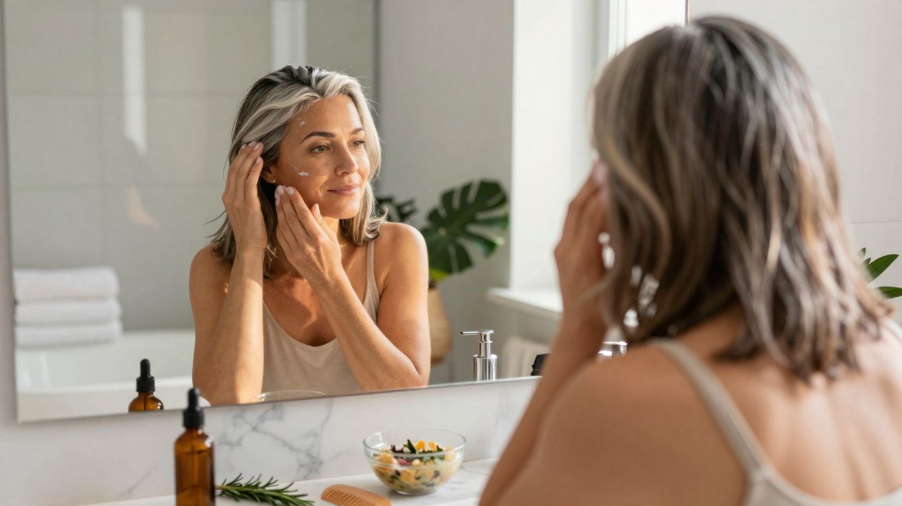 Mujer aplicándose crema facial frente al espejo en un baño luminoso y moderno.