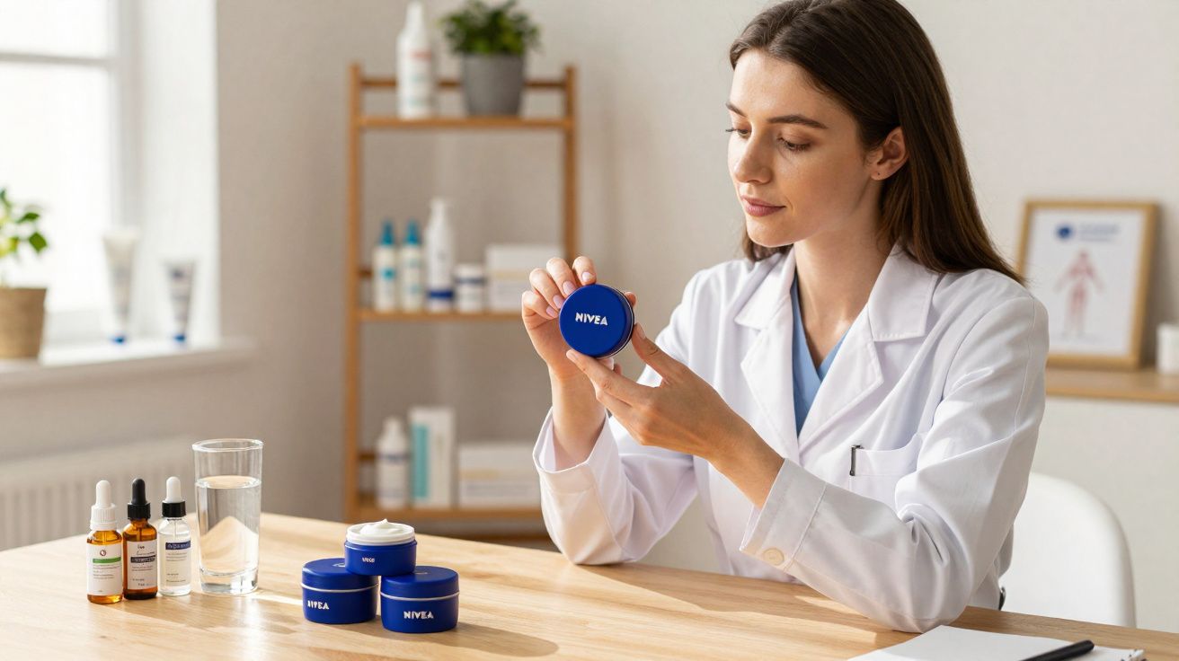 Mujer con bata blanca examinando un envase de crema Nivea en consulta con productos cosméticos sobre la mesa.