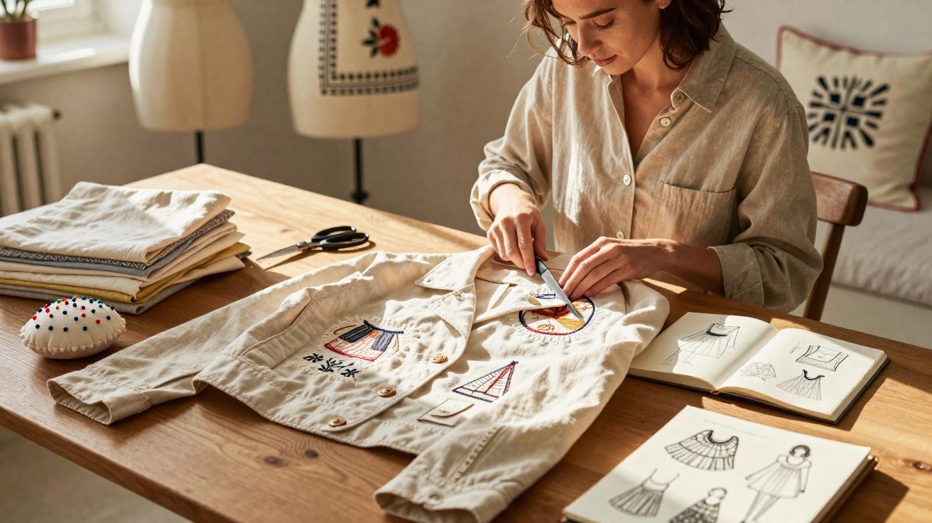 Mujer bordando chaqueta clara con dibujos en una mesa con bocetos de moda y tijeras.