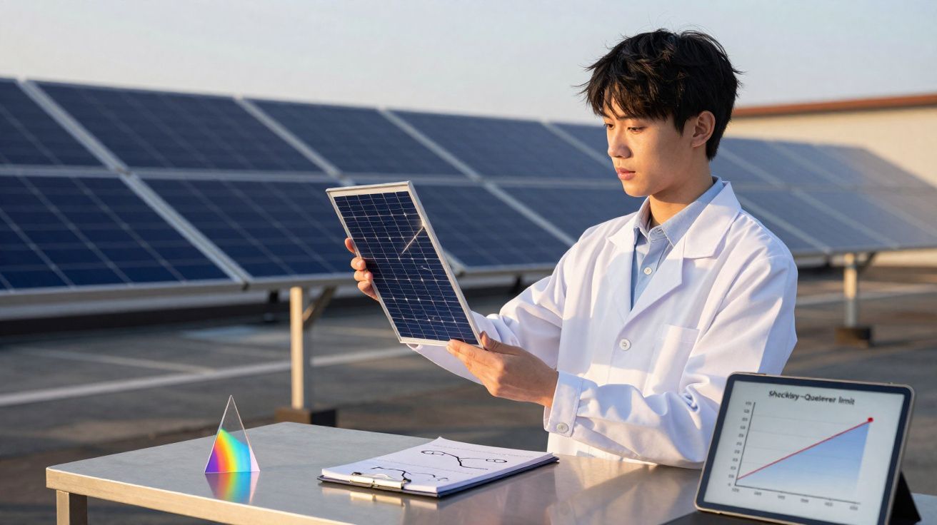 Investigador examina panel solar pequeño frente a una mesa con gráficos y prismas en instalación solar al aire libre.