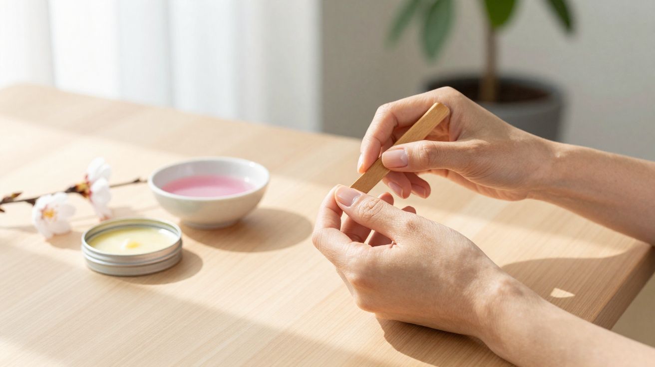 Manos limando uñas con lima de madera sobre mesa con crema y cuenco rosa desenfocados.