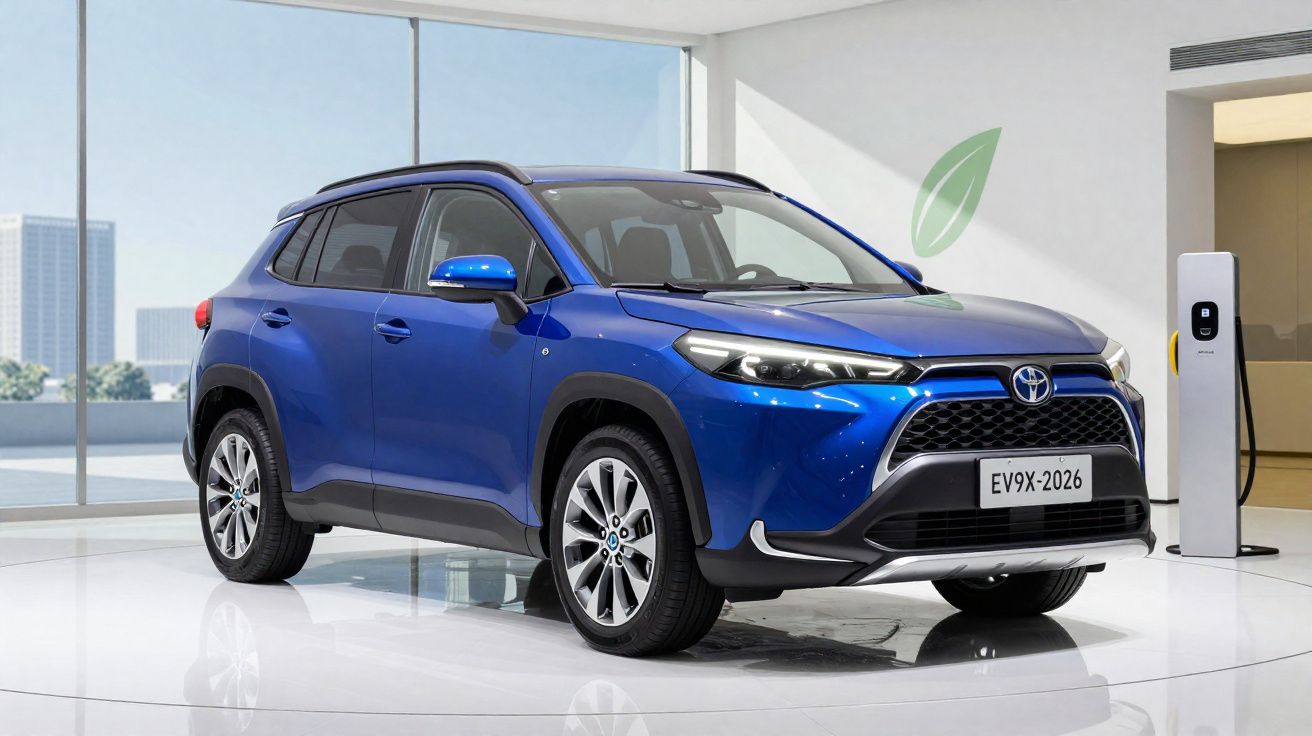 SUV eléctrico azul de Toyota estacionado en espacio interior moderno con cargador y ventana amplia.