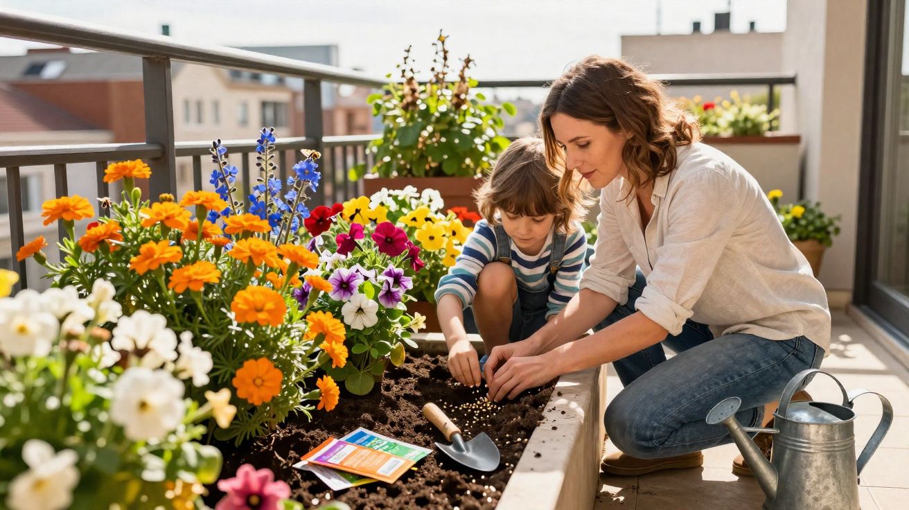 Mujer y niño plantando flores en una jardinera en una terraza soleada con flores de colores alrededor.