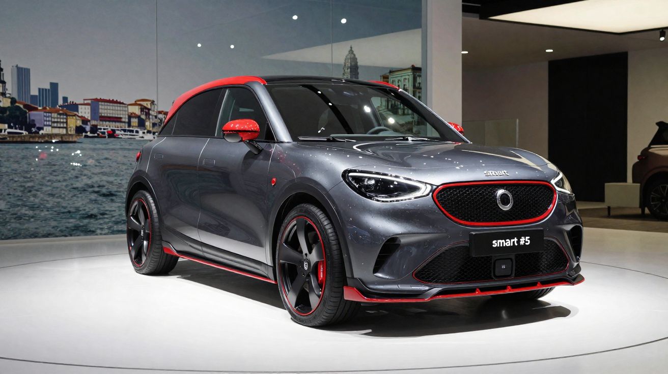 Coche eléctrico Smart #5 gris y rojo expuesto en un salón del automóvil con fondo de ciudad marítima.
