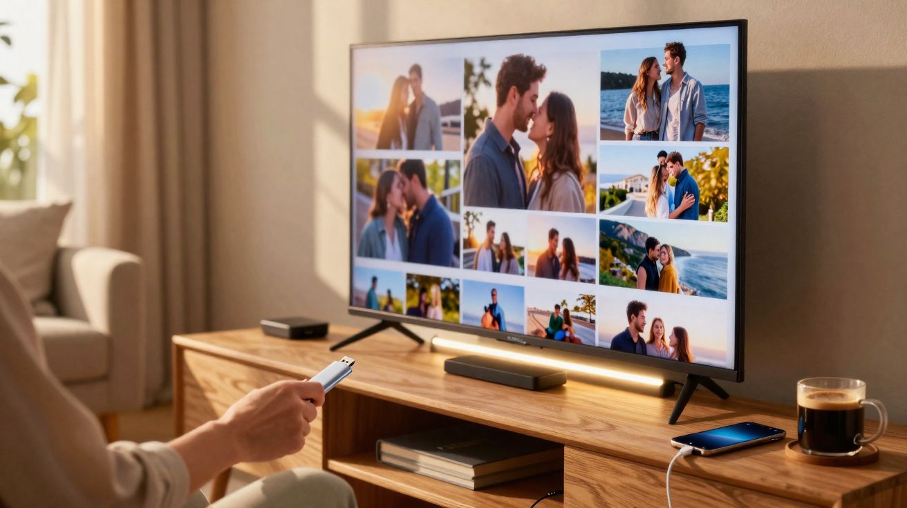 Una persona cambia fotos de pareja en una televisión con mando a distancia en un salón acogedor.