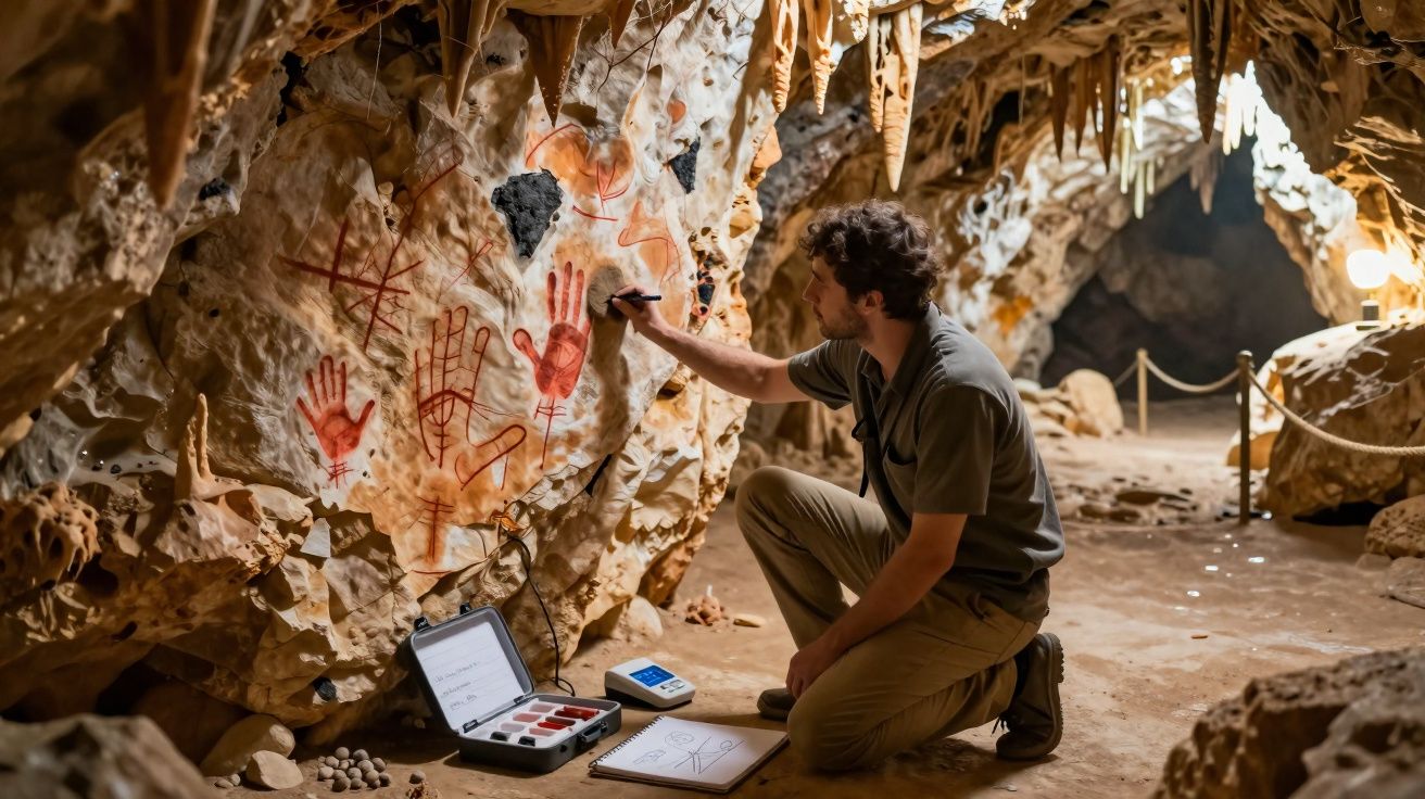 Arqueólogo documentando pinturas rupestres de manos y símbolos en el interior de una cueva.