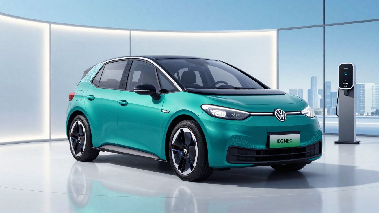 Coche eléctrico Volkswagen ID.3 Neo de color verde azulado en espacio moderno con estación de carga y ciudad al fondo.