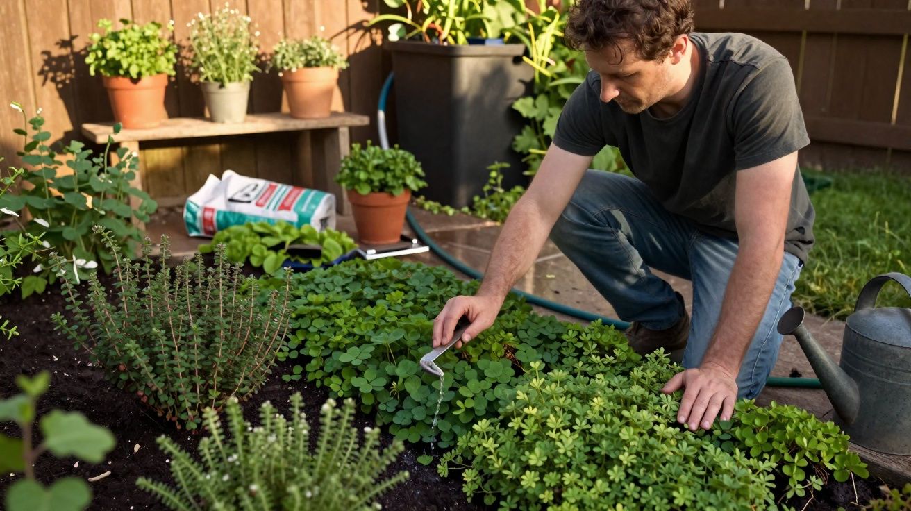 Hombre regando plantas en un jardín con herramientas y macetas alrededor durante el día.
