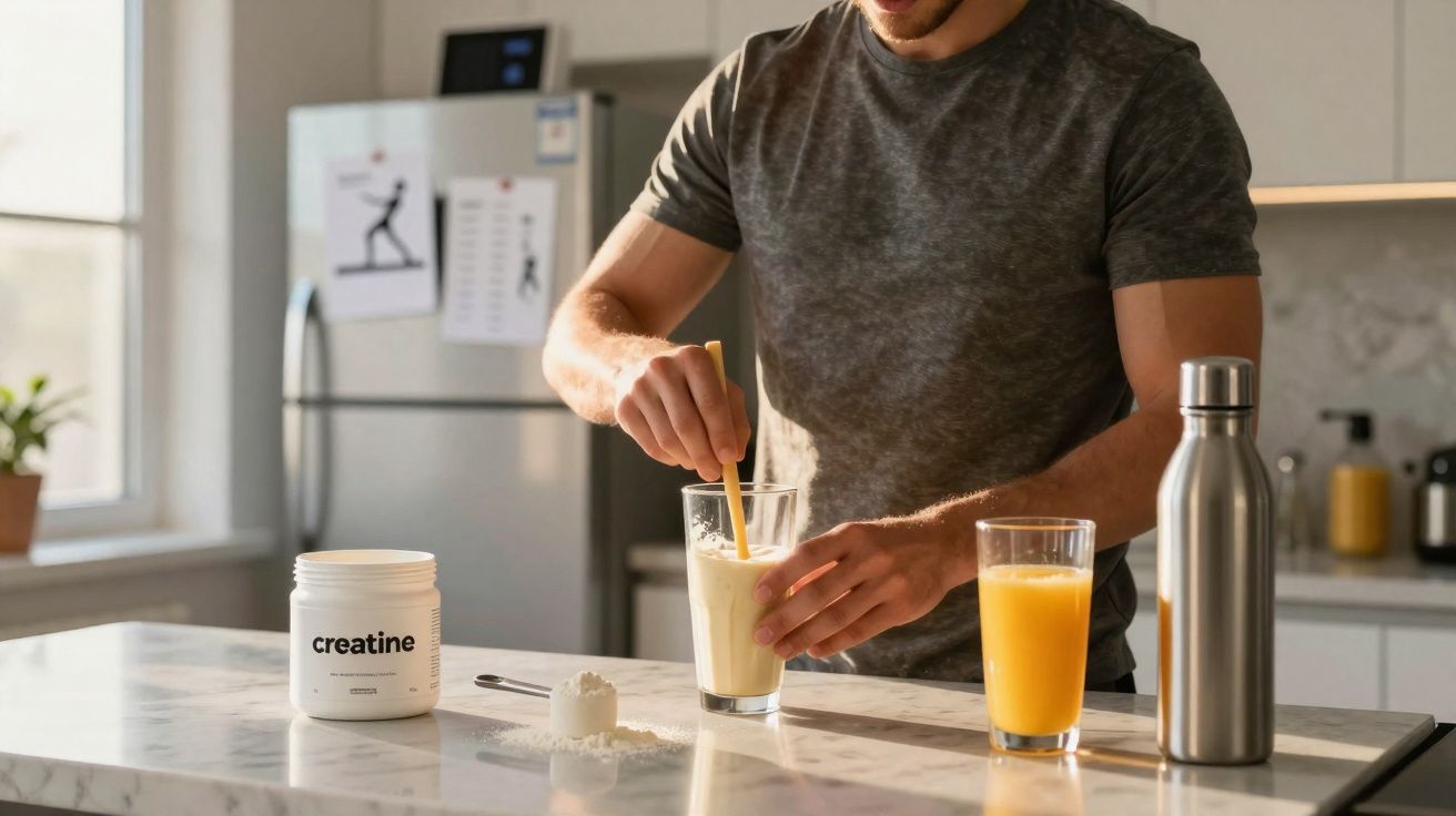 Hombre mezcla un batido de creatina en un vaso en una cocina moderna con jugo y botella térmica sobre la encimera.