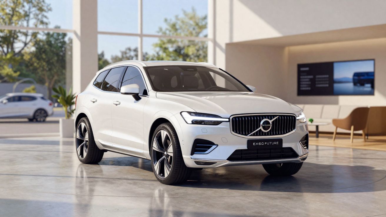 Coche Volvo EX60 Future blanco en un showroom moderno con grandes ventanales y luz natural.