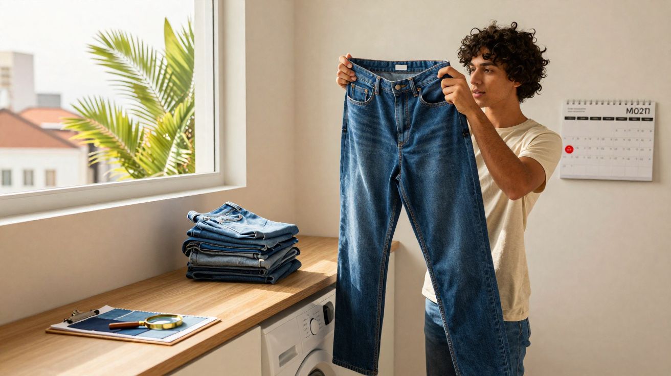 Joven sosteniendo un pantalón vaquero doblado en un cuarto con lavadora y pila de ropa doblada junto a una ventana.