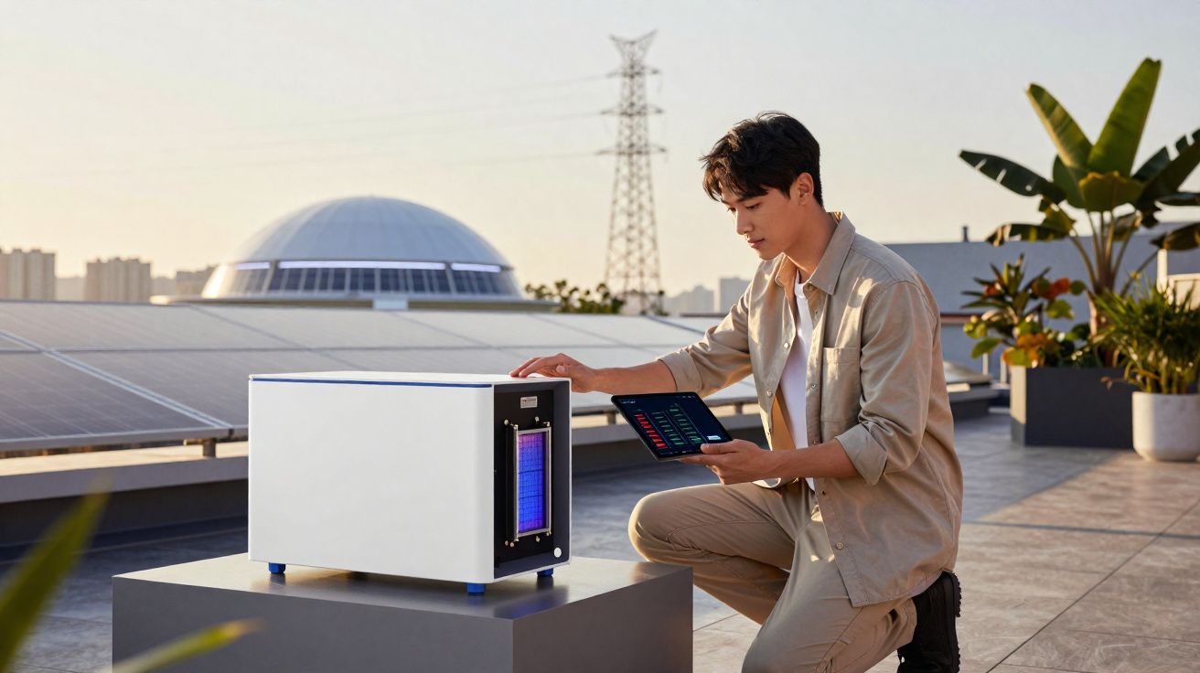 Hombre controla dispositivo tecnológico con pantalla en azotea moderna con paneles solares y plantas.