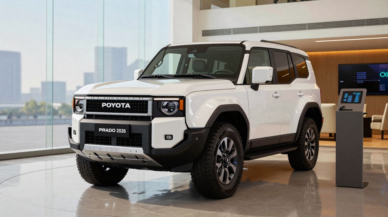 Vehículo SUV blanco Toyota Prado 2026 exhibido en un showroom moderno con ventanales y suelo reflectante.