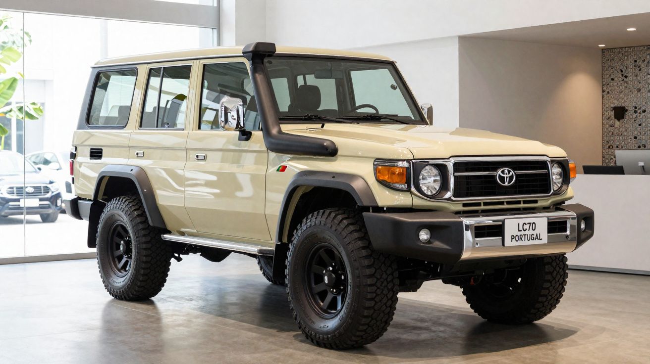 Todoterreno Toyota Land Cruiser beige estacionado en un espacio interior moderno.