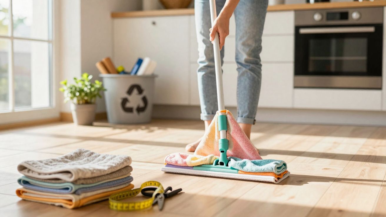 Persona fregando el suelo de una cocina moderna con trapeador y paños de colores.