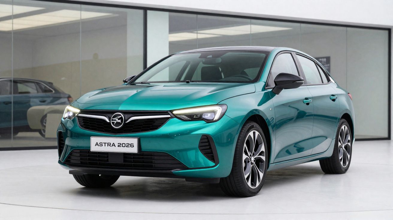 Coche Opel Astra 2026 verde metálico visto de frente y lateral en showroom moderno con grandes ventanas.