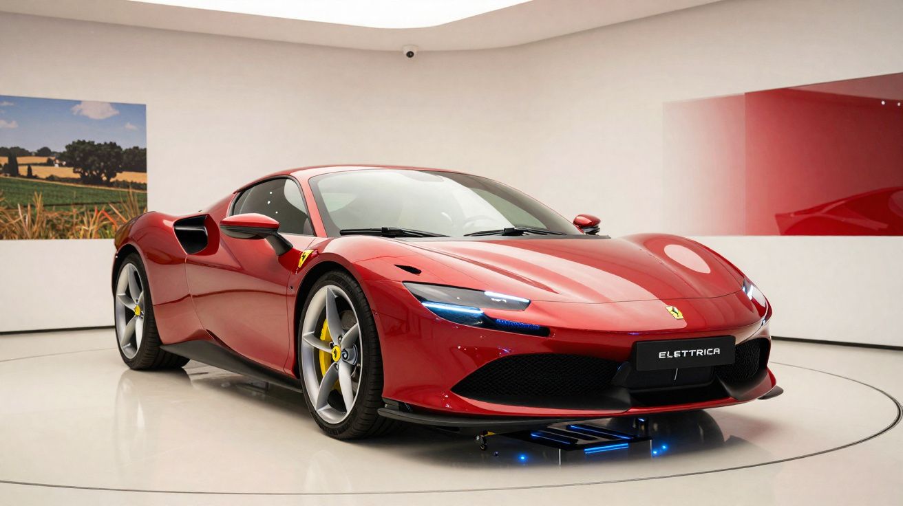 Coche deportivo Ferrari rojo modelo Elettrica en exposición interior con iluminación moderna.