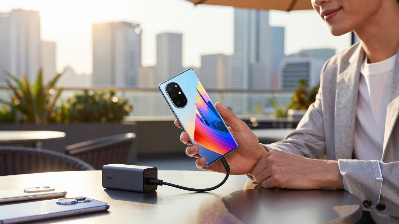 Persona sosteniendo un smartphone conectado a una batería externa en una terraza con ciudad al fondo.