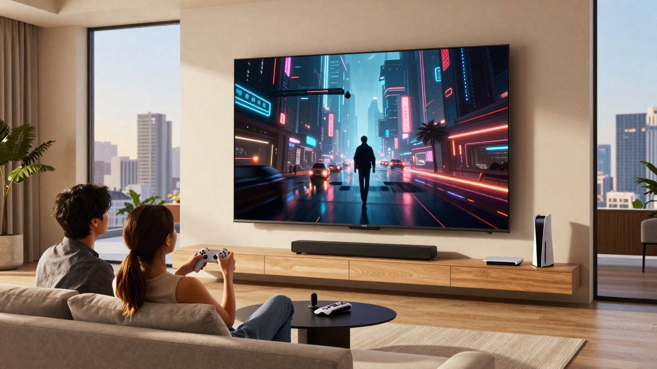 Pareja jugando a videojuegos en un salón moderno con televisión grande y vistas urbanas desde la ventana.