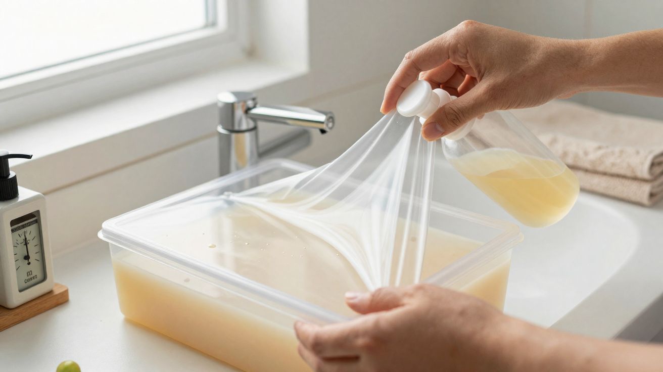 Manos llenando un contenedor con líquido con una tapa de plástico transparente en un lavabo.