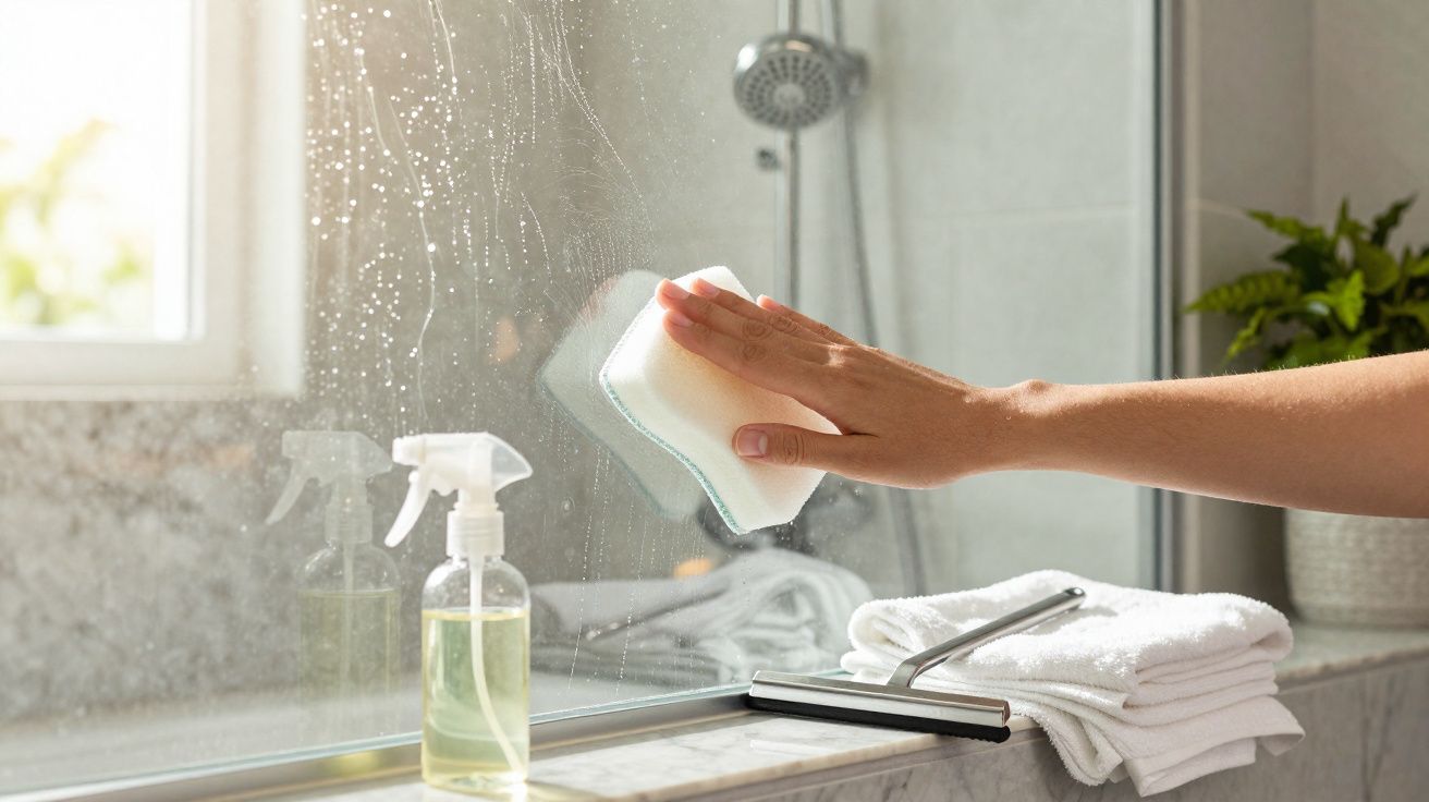 Mano limpiando un espejo de baño con esponja, junto a spray limpiador y toallas blancas dobladas.