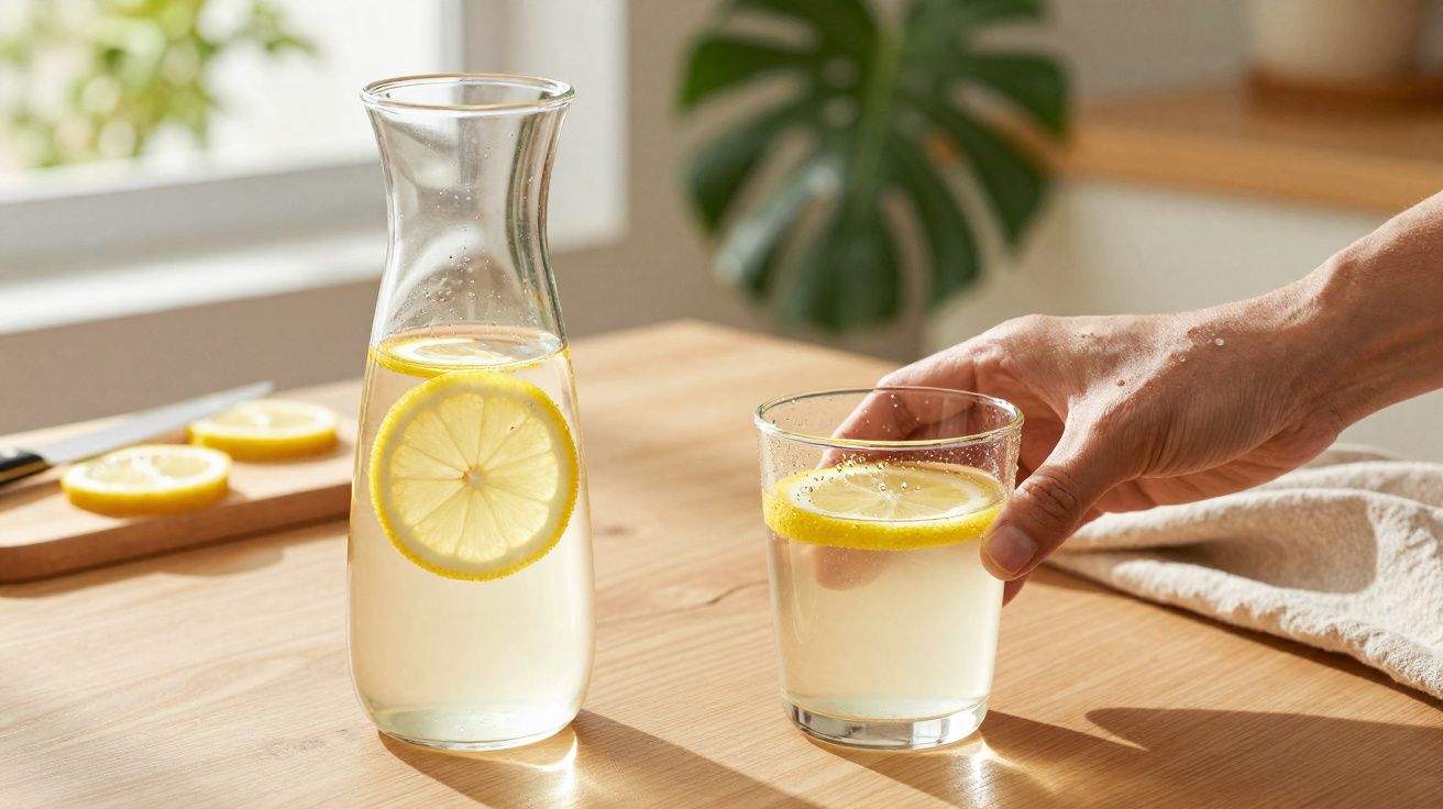 Mano tomando un vaso con agua y rodaja de limón junto a una jarra con agua y limón sobre mesa de madera.