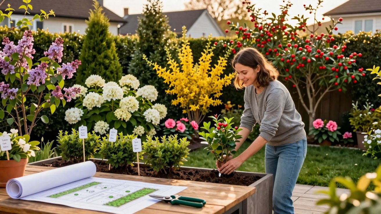 Mujer plantando flores en un jardín con plantas variadas y un plano sobre una mesa de madera.