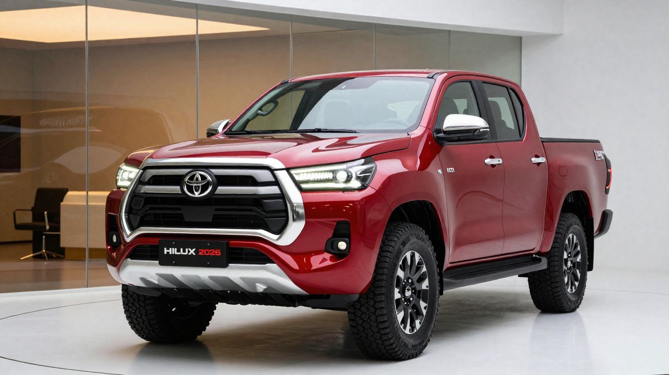 Camioneta Toyota Hilux 2025 roja en un estudio con fondo blanco y espejo.