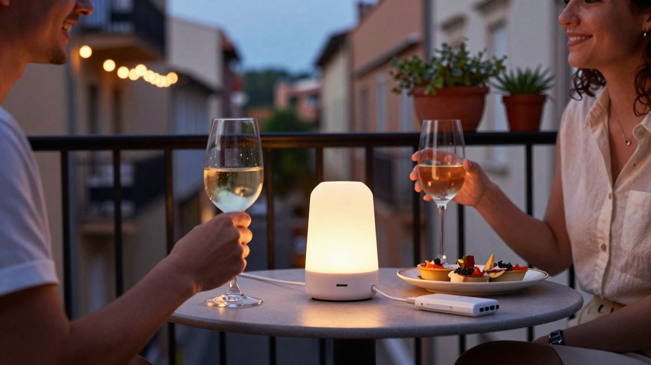 Pareja brindando con vino blanco en mesa exterior iluminada con lámpara ambiental al atardecer.