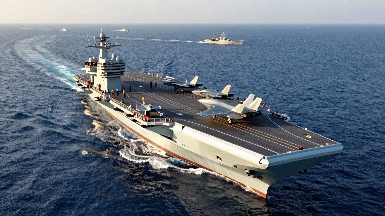 Portaaviones navegando en el mar con tres cazas estacionados en su cubierta y dos barcos de escolta al fondo.