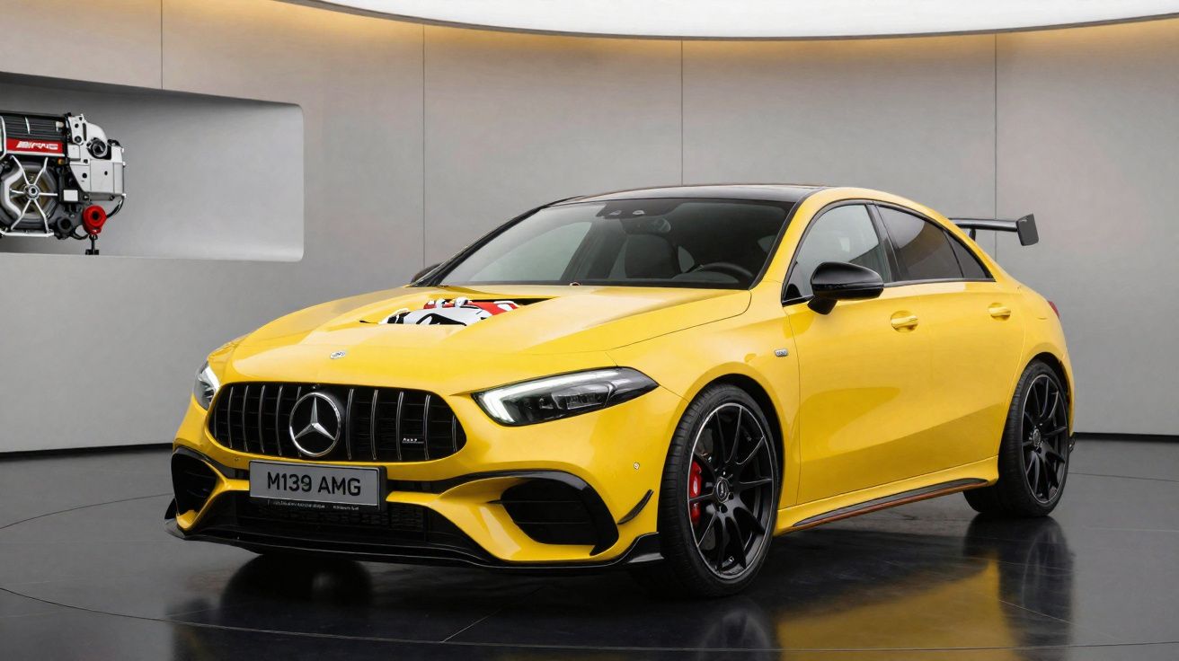 Coche deportivo Mercedes-Benz AMG amarillo con llantas negras y alerón trasero en sala de exhibición moderna.