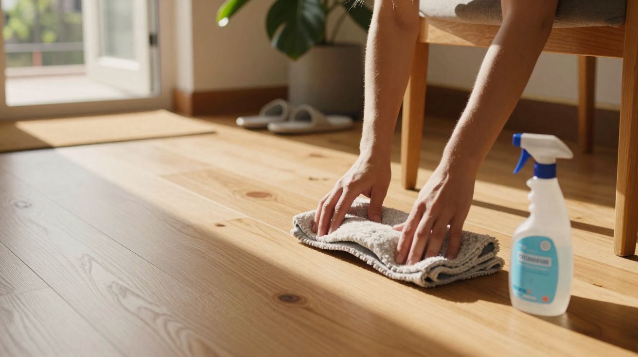 Manos limpiando suelo de madera con paño y bote de spray de limpieza junto a una silla.