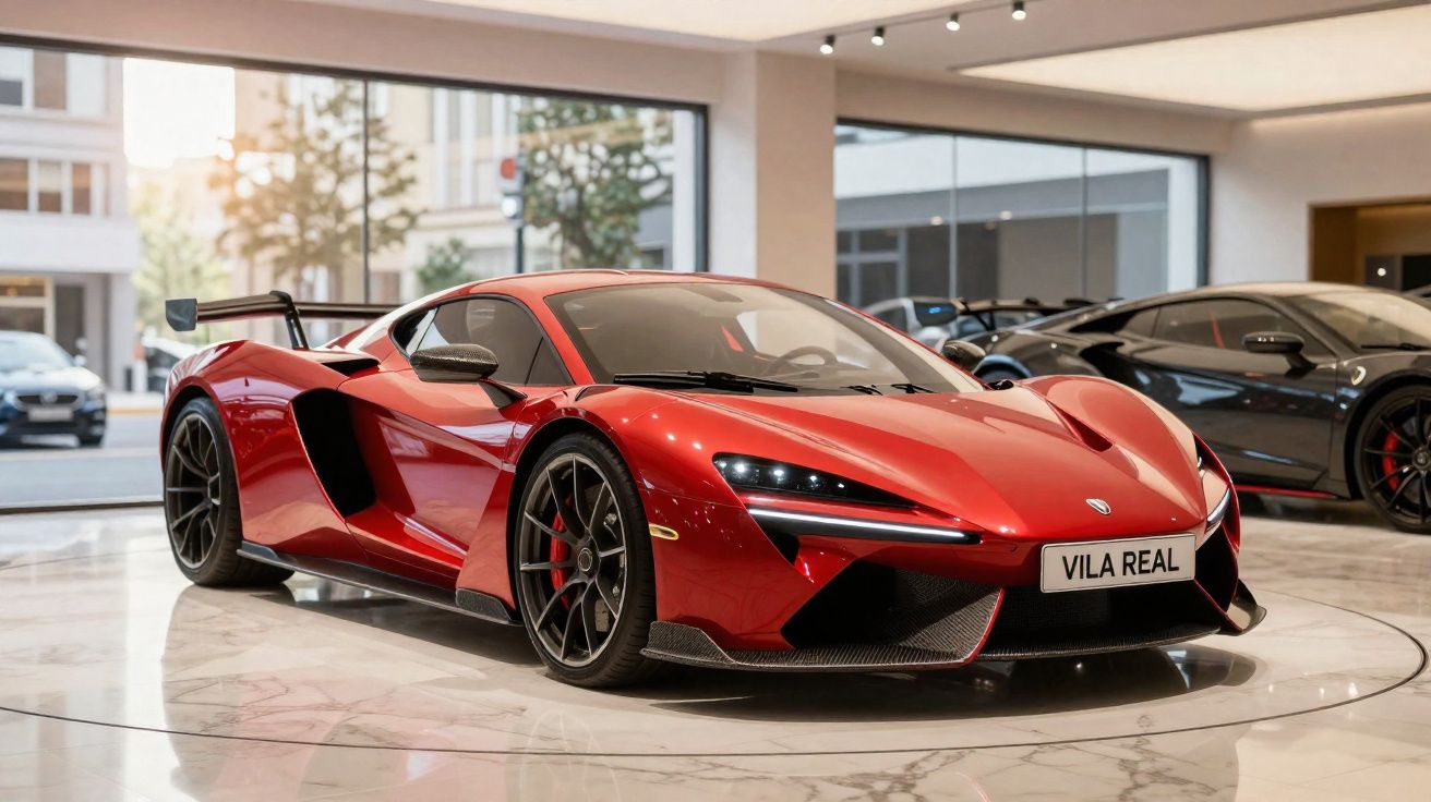 Coche deportivo rojo brillante en un concesionario moderno con suelo de mármol y grandes ventanales.