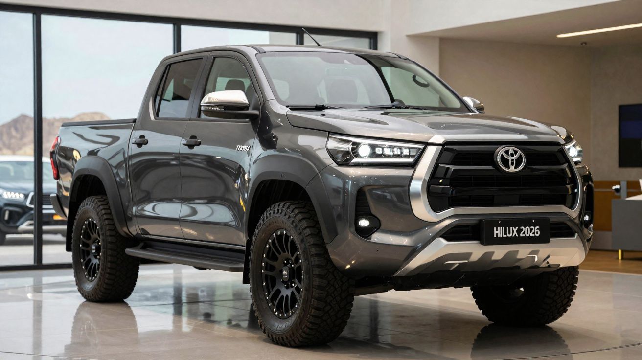 Pick-up Toyota Hilux 2026 gris antracita en exhibición en un concesionario moderno.