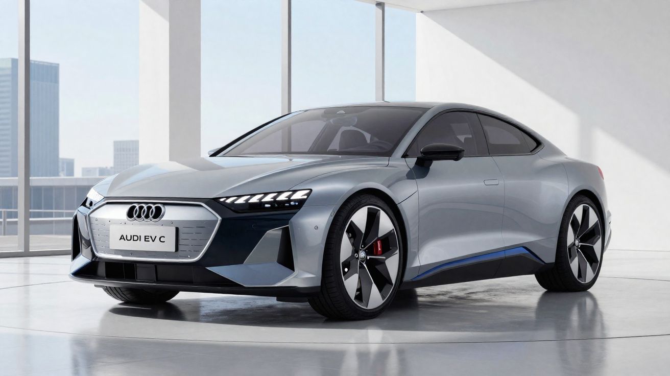 Coche eléctrico Audi EV C gris plateado estacionado en un espacio interior con grandes ventanales.