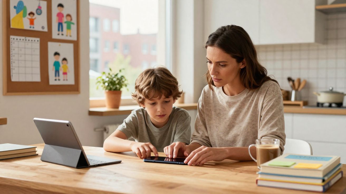 Mujer y niño usando una tablet juntos en una mesa de madera en una cocina luminosa.